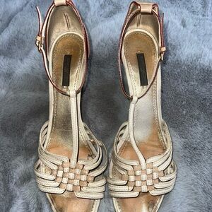 Louis Vuitton Damier Wedged Sandals Elegant Beige Strappy Women's Heels
